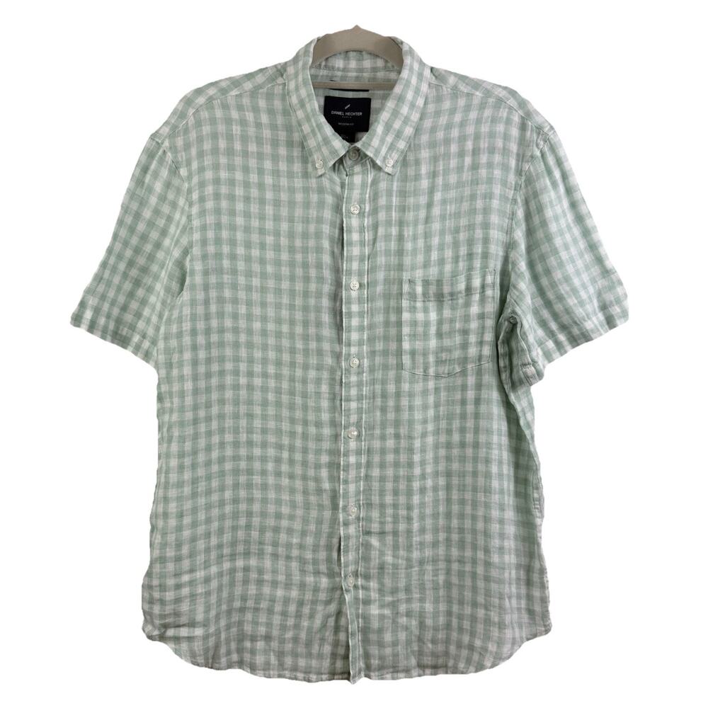 NWT 100% Linen Daniel Hechter Green White Plaid Button Up Shirt Large Modern Fit